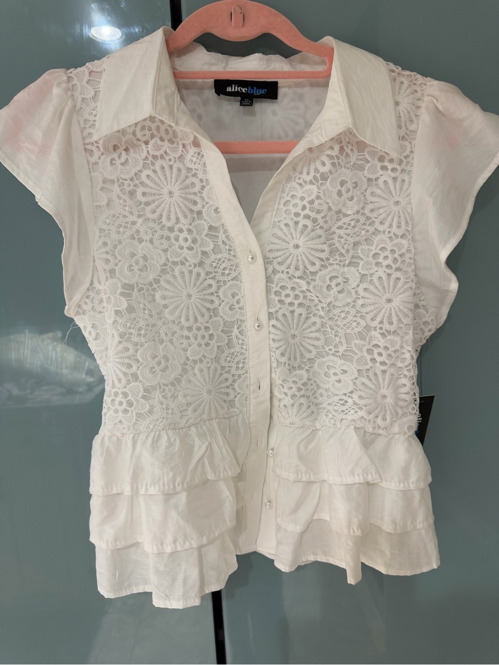 Alice Blue White Lace Ruffle Button-Front Blouse - Picture 2 of 5